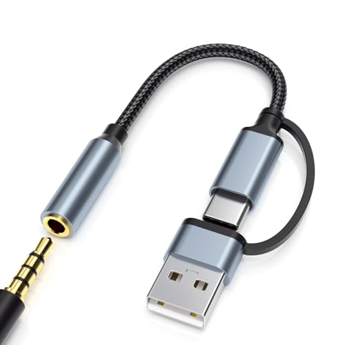 2-in-1 USB-C 3.5mm Audio Adapter with Type-A Converter, HiFi USBC DAC TRRS Headphone Jack & Mic Support, 1/8" AUX Cable Dongle for iPhone 17/16/15,iPad Pro/Air/Mini,Samsung,MacBook,PC,Laptop,Headset