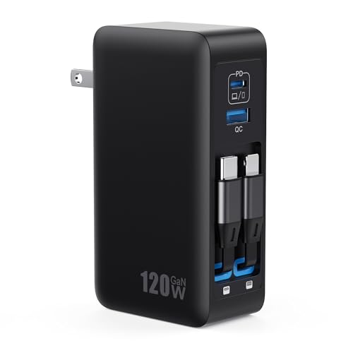 120W USB C Charger Block with 2 Built-in Retractable Cables,4-in-1 GaN IV Foldable Plug Wall Charger Fast Charging Station,PD 65W Laptop Adapter for MacBook/iPad,iPhone 16/15/14,Android (Black)