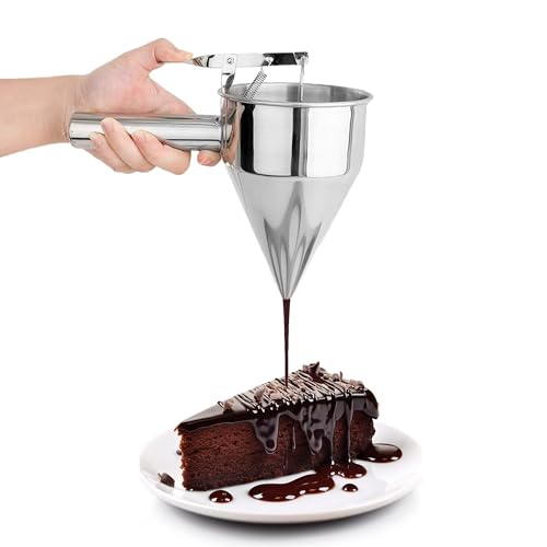 KOLIBROX Piston Funnel with Stand - Stainless Steel Confectionery Funnel for Batter Dispensing & Bakery Use - Precise Cake Decorating Tool - Perfect for Pouring Sauces, Chocolate & Fillings | Silver