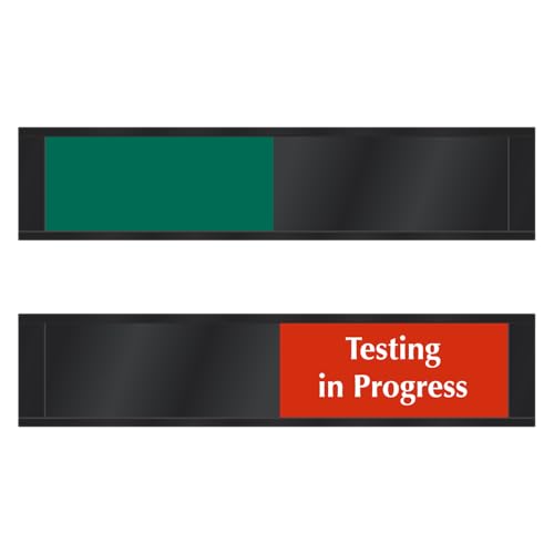 SmartSign Testing In Progress Slider Sign, 2.25" x 10", 60 mil Plastic Plate in Aluminum Frame with Foam Adhesive Backing, Indicator for Labs, Research Centers, Workplace, Red/Green on Black, USA-Made