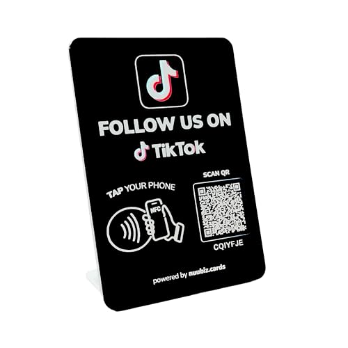 NUUBIZ Social Media QR Code NFC Stand for Tiktok – Tap or Scan to Follow Us – Boost Followers – Social Media Tag Sign for Storefront, Counter, or Events – Visit Stats – No App or fees (tk Stand)