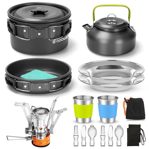 Odoland 16pcs Camping Cookware Set with Folding Camping Stove, Non-Stick
