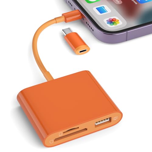 SD Card Reader for iPhone, Memory Card Reader with USB-C to Light-ning Adapter Plug and Play Trail Game Camera Micro SD Card Viewer Support SD/TF Card and USB for iPad No App Required (Orange)