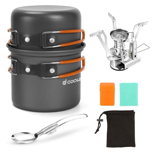 Odoland 6pcs Camping Cookware Mess Kit with Lightweight Pot, Stove,