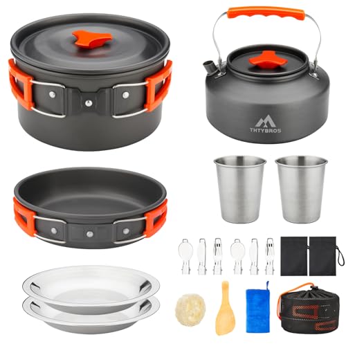 THTYBROS 17pcs Camping Cookware Kit, 0.45Gal Pot, 7inches Pan,0.30Gal Kettle