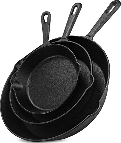 Utopia Kitchen Cast iron Skillets 3 Piece Set, Chefs Pan,