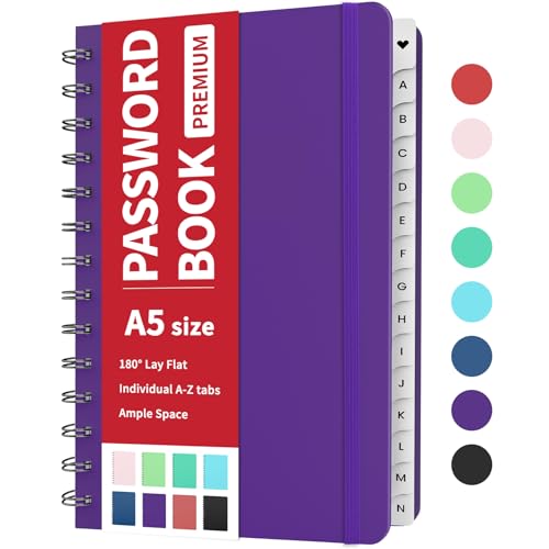 Forvencer Password Book with Individual Alphabetical Tabs, 5.3"x7.6" Medium Size Password Notebook, Spiral Password Keeper Book for Senior, Cute Password Manager Logbook for Home Office, Purple