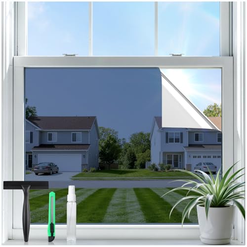 rabbitgoo One Way Privacy Window Film Window Tint for Home with Tools, UV Blocking Heat Control Static Cling No Glue, Daytime Privacy See Out Not in, 17.5 in X 6.5 Feet, Blue Silver