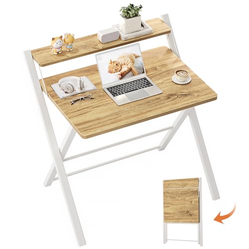 GreenForest Portable Small Desk No Assembly, 2-Tier Compact Computer Desk with Shelf, Space Saving Foldable Table for Home Office, Bedroom or Apartment, Portable Collapsible Sturdy Laptop Desk, Oak