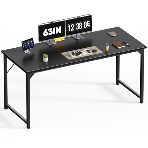 DUMOS 63 Inch Computer Desk Writing Gaming Study Work Large Desks for Bedroom Home Office with Metal Frame Simple Modern PC Compact Table Workstation, Wood Black