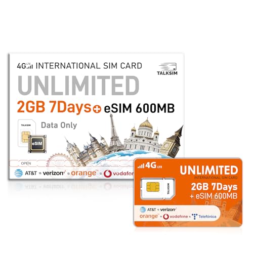 International Data SIM & eSIM Card Unlimited 2GB 7Days SIM and 600MB, 5G/4G 51 Countries in USA,UK,Europe,Asia,Oceania, for Unlocked WiFi Mobile Hotspot, Phones and Tablet–No Contract