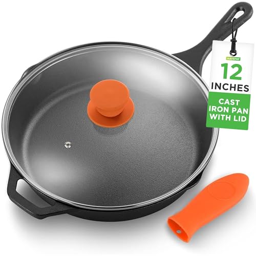 NutriChef 12-Inch Cast Iron Skillet w/Lid - Pre-Seasoned, Oven Safe,