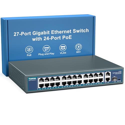 24 Port Gigabit PoE Switch Unmanaged, YuanLey 27-Port Gigabit PoE