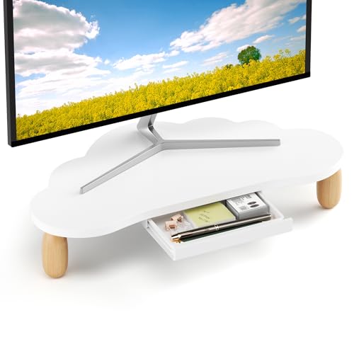 AFOOYO Monitor Stand Riser,Cloud-Shaped Sturdy Wood 16.5In Computer Monitor Riser Wirh Drawer, Multi-Purpose Desktop Organizer Riser for Computer,Laptop,Printer,TV,White