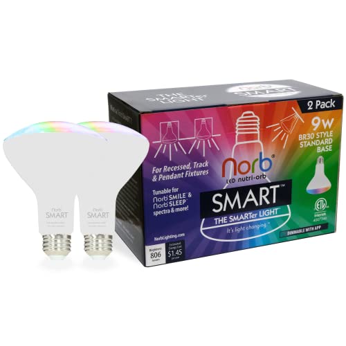 Norb SMART Light Bulb, Tunable Wellness Circadian Rhythm LED, Full Spectrum White & Color Changing, Alexa & Google Home Compatible, Dimmable, BR30, 9W, for Home Automation, WiFi, Bluetooth (2-Pack)