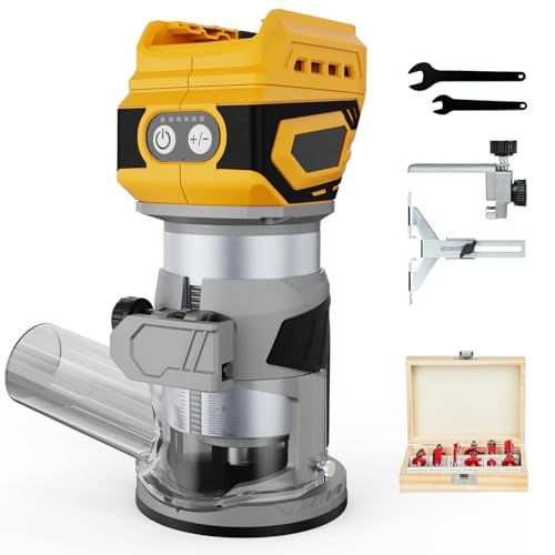 Cordless Brushless Compact Router Compatible with Dewalt 20V 60V Battery (Bare Tool),Palm Router, 5 Speed,28000RPM 600W w/Fixed Base, 12PCS 1/4" Router Bits for Woodworking, Edge Trimming, Grooving