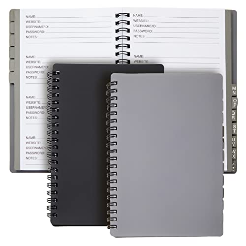 Juvale Password Book with Alphabetical Tabs - 5 x 7 in, 2-Pack, Gray & Black, 80 Lined Pages, Spiral-Bound, Plastic Cover - Password Notebook & Log Book for Username & Login Management