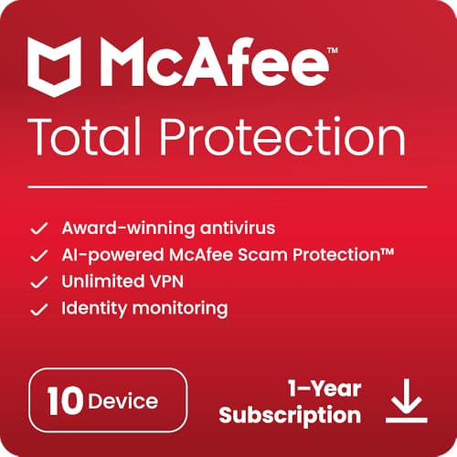 McAfee Total Protection | 10 Device | Antivirus Internet Security Software | VPN, Password Manager, Dark Web Monitoring & Parental Controls | 1 Year Subscription | Download Code