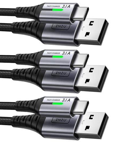 INIU USB to USB C Cable, [3 Pack, 6.6FT+1.6FT] 3.1A Type C Cord Fast Charging, Nylon USB A to USB-C Android Charger Cable for Samsung Galaxy S24 S23 S22 S21 S10 S9 iPhone 16 15 Pro Pixel 9 8 7 etc.