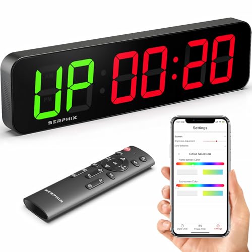 SERPHIX 15.2" Gym Timer, App & Remote Control, Customizable LED Colors, Workout Interval Timer Stopwatch Countdown Large Digital Wall Clock for Home Gym