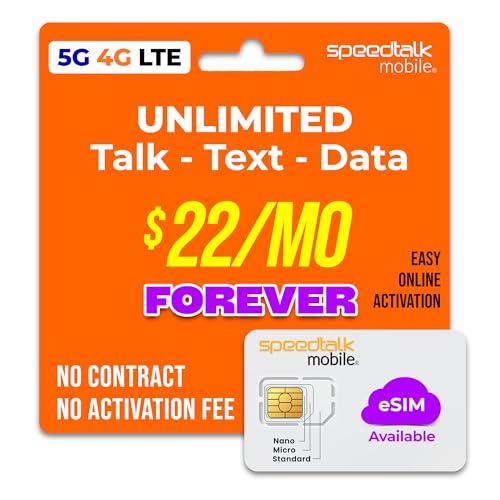 SpeedTalk Mobile Pre-Paid eSIM and SIM Card Starter Kit – No Contract Wireless $22mo Talk Text Data Unlimited Plans - Cellphone 5G 4G LTE Apple iPhone, Android Smart Phones
