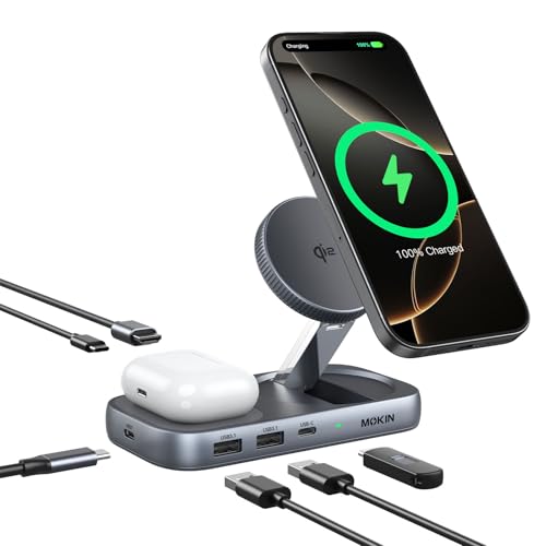 MOKiN USB C Hub with 15W Qi2 Wireless Charger, Laptop Docking Station to 4K HDMI, 100W PD, 10Gbps Ports, 15W+5W Wireless Charging Stand for iPhone 16/15/14/13 & Airpods, USBC Dock for MacBook/Windows