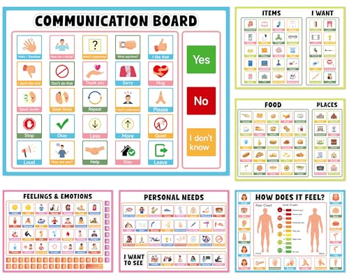 6Pcs Communication Board for Non Verbal Adults Picture Symbol Communication Cards Speech Therapy Tools for Autism Toddlers Kids Aphasia Stroke Patients Hospital Care Home Use Talking Placemats