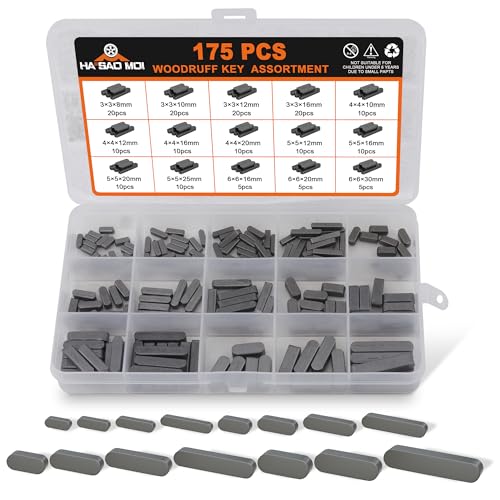 HASAOMOI 175pcs Woodruff Key Stock Assortment,15 Popular Sizes of 8mm-30mm