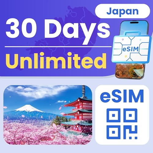 ESIM Cards for International Travel, Japan Prepaid eSIM Unlimited Data, 30-Day Plan, 4G LTE 5G Speed, Hotspot Supported, eSIM with Instant Activation in 10 Minutes