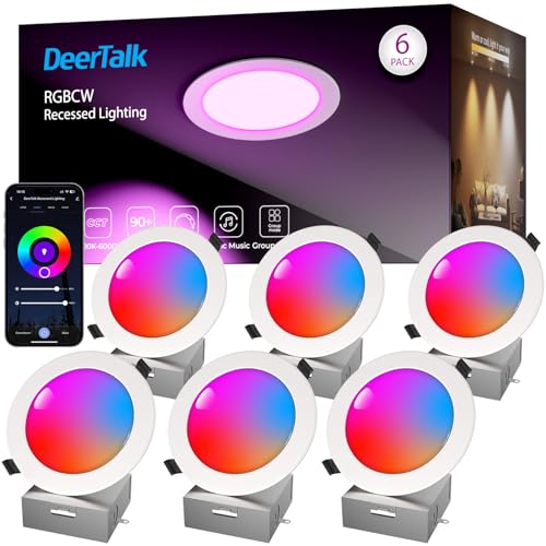 DeerTalk LED Recessed Lighting 6 Inch with App & Voice Control, 1200LM RGBCW Smart Ceiling Light Compatible with Alexa & Google, Dimmable Canless Recessed Light with Timer Music Sync, 6 Pack