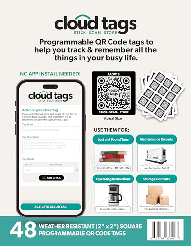 QR Code Cloud Tag Labels | Programmable QR Codes to Store Information, Instructions, Lost & Found, Service Histories & More | No App or Subscription Needed | Pack of 48 (2.0 Inch x 2.0 Inch)