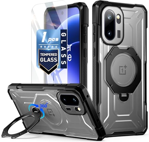 Poetic for OnePlus 15R Case, | 360° Rotate Magnetic Ring Kickstand | Military Grade Drop Proof Protection Cover | Tempered Glass Screen Protector | Translucent Matte Phone Case | Black/Clear
