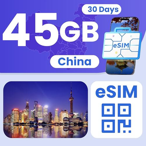 ESIM Cards for International Travel, China Prepaid eSIM 45GB, 30-Day Plan (1.5GB/ Day), 4G LTE 5G Speed, Hotspot Supported, eSIM with Instant Activation in 10 Minutes