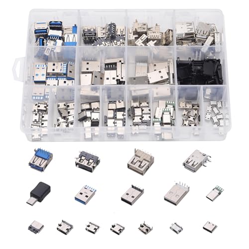 Teansic 180PCS Connector Assortment Kit – 16 Models (Micro USB, USB 2.0 Female, USB 3.0 Male, Type C) – Socket Plug Kit for Electronics, DIY, and Repairs