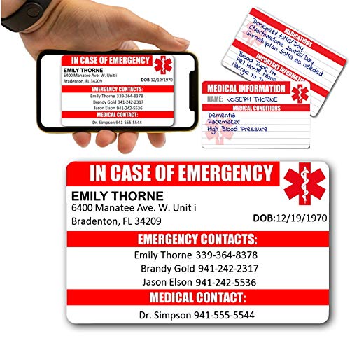 Customized Emergency Contact Wallet Card – Durable PVC ID with Printed Emergency Info, Free Digital Copy, and 5 Fillable Medical Info Cards – ICE In Case of Emergency Card – Made in USA
