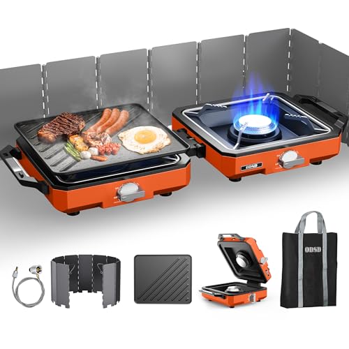ODSD 2 Burner Camping Stove with Windshield, 20000 BTU Propane